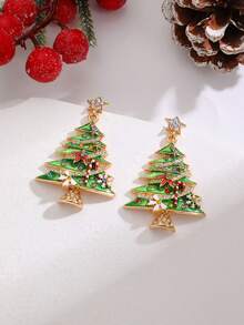 1 Pair Elegant Green Colorful Rhinestone Drip Oil Christmas Tree & Star Earrings, Fashionable Personalized Christmas Earrings For Women, Suitable For Christmas Holiday Celebration Party - Green - View 3