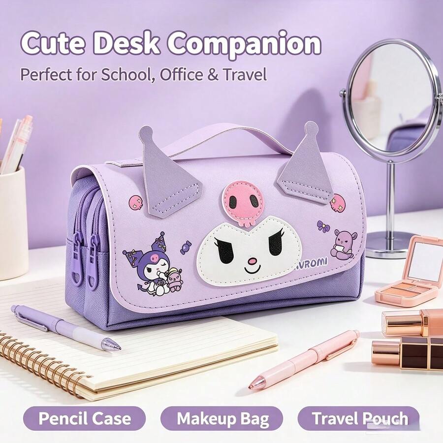 Hasbro Sanrio Kuromi Handheld Pencil Case, Large Capacity Multi Zipper Dual-Use Storage Pouch, Portable Organizer For Stationery & Cosmetics, Cute Cartoon Design, Ideal Gift For Birthday & Holiday Occasions - A - View 1
