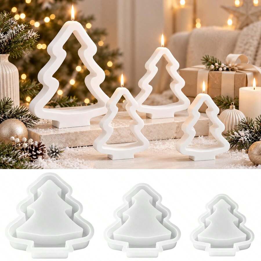 3pcs Large, Medium, Small Christmas Tree Frame Silicone Molds, Pine Tree Candle Molds, Suitable For DIY Christmas Tree Decorations, Pine Tree Plaster Ornaments, Suitable For Making Plaster, Resin, Candles And Other Handicrafts, Handmade Molds, Reusable, Easy To Demold - Christmas Tree Silicone Mold - View 1