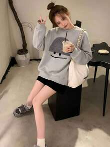 Minimalist Cute Knit Hat Smiling Face Print Crew Neck Sweatshirt Women Loose Korean Style Daily Versatile Light Gray Autumn Long Sleeve - Light Grey - View 6