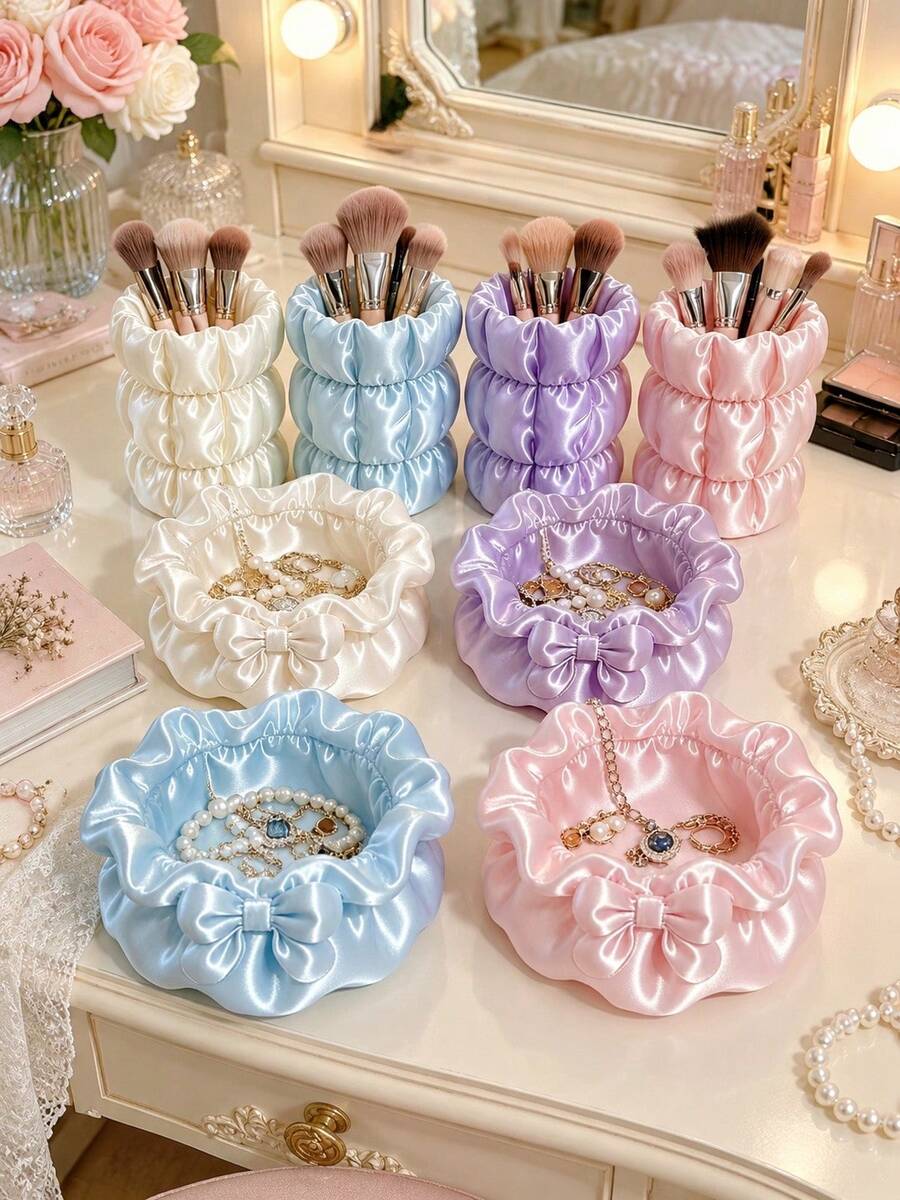 2-Piece 3D Printed Satin Bow Jewelry Storage Tray And Bead Tool Storage Tube Set, Wrinkled Smooth Vanity Desktop Organizer Box, Cute Storage Container For Necklaces, Rings, Makeup Brushes, Sweet Gift For Women And Girls - Multicolor - View 1