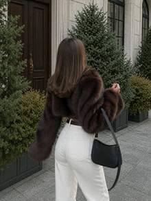 Women's Autumn Fashion Elegant Casual Brown Faux Fur Short Long Sleeve Jacket, Suitable For Outings And Vacations - Coffee Brown - View 4