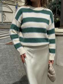 Green & White Colorblock Striped Knit Pullover Sweater, No Decoration, Round Neck, Drop Shoulder, Loose Fit, Casual Daily Commute For Women - Green - View 2
