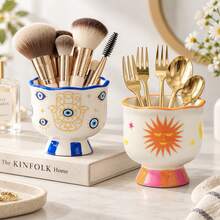 1pc Ceramic Storage Jar, Hand-Painted Ceramic Storage Container, Tableware Organizer, Makeup Tool Storage Box, With Various Colors And Patterns, Suitable For Kitchen Storage, Tableware Organization, Home Decor And Holiday Gifts - View 3