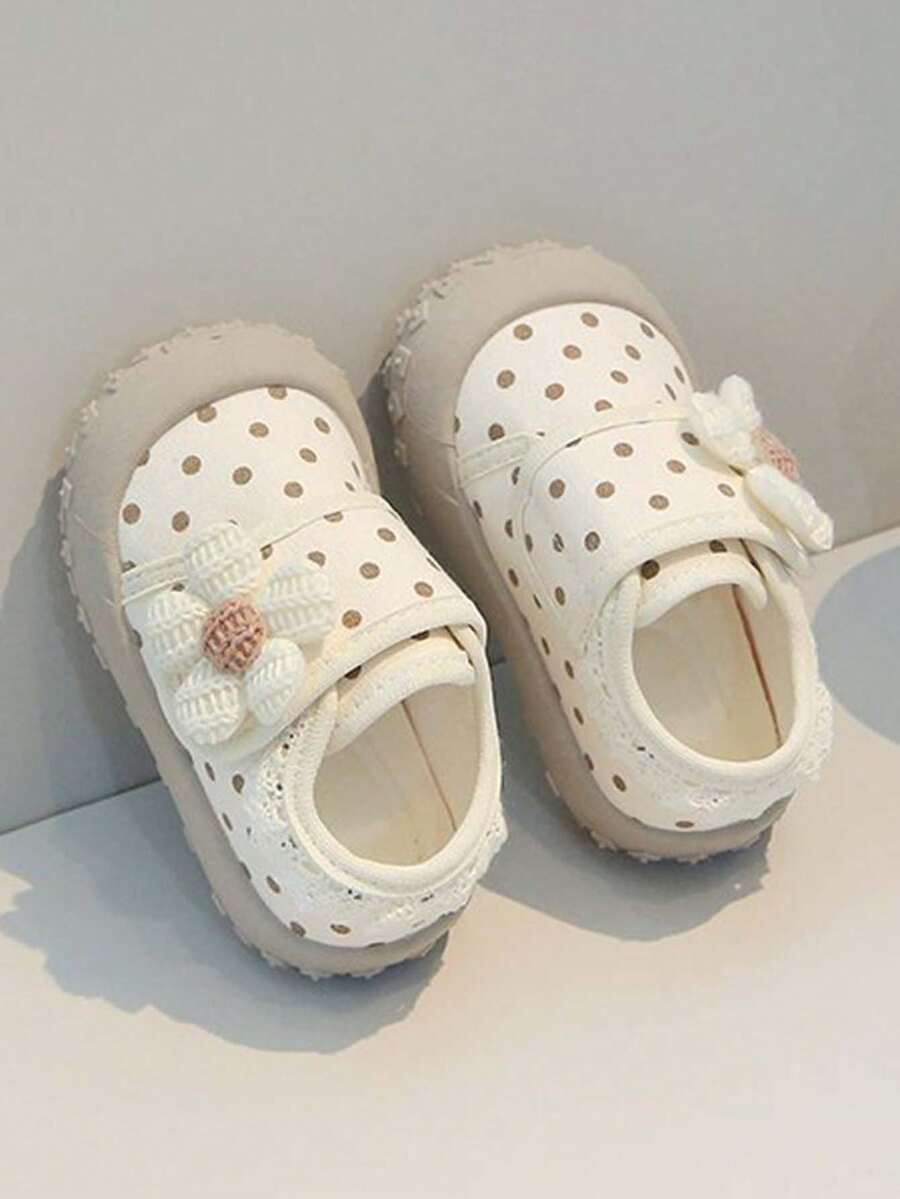 1 Pair Spring/Autumn New Baby Girl Polka Dot & Floral Walking Shoes, Soft Sole Hook & Loop Toe Anti-Kick Loafers