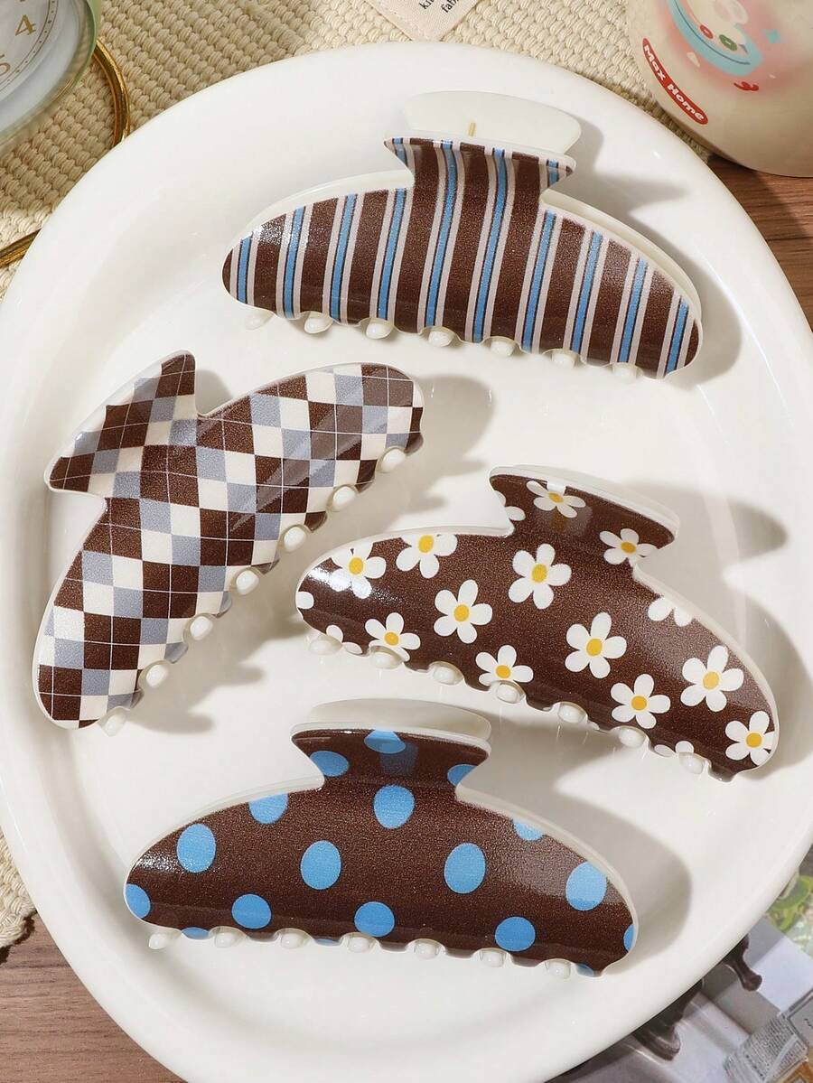 4件組韓系Ins風秋冬美拉德美學髮夾套組,雛菊藍波點格紋條紋藍色與咖啡色拼色溫柔半圓形髮飾 - 彩色 - 查看 1