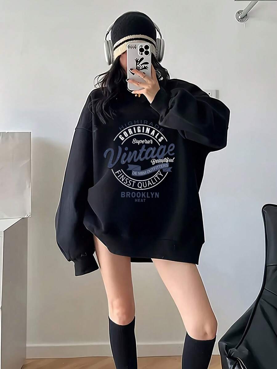 女款時尚秋冬寬鬆休閒百搭字母印花圓領運動衫 - 黑色 - 查看 1