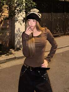 American Style Cross Rhinestone Round Neck Long Sleeve T-Shirt - Brown - View 2