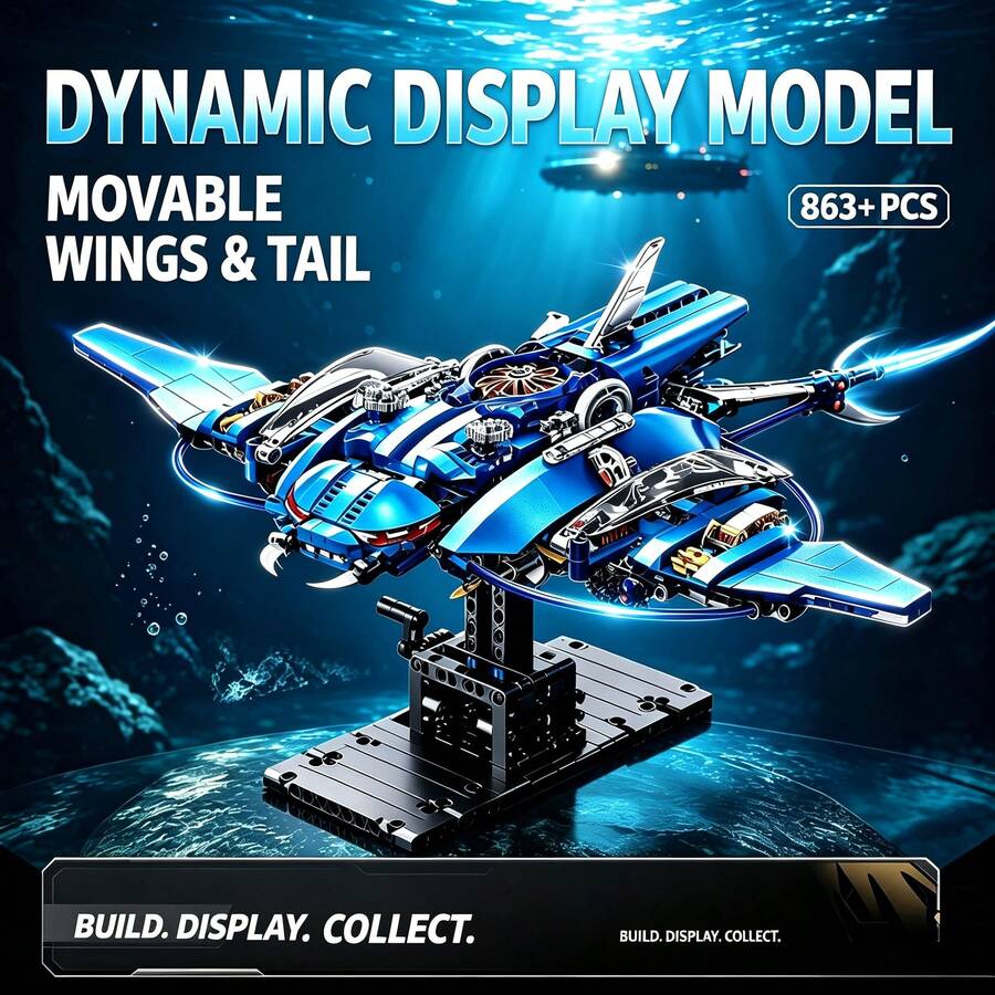 Mechanical Stingray Assembly Set, 863+ Pieces 1:35 Scale Adult Collector Model Kit, Movable Wings And Tail, Suitable As Gift For Halloween, Christmas, Thanksgiving And Birthday For Hobby Collectors - Blue - View 1