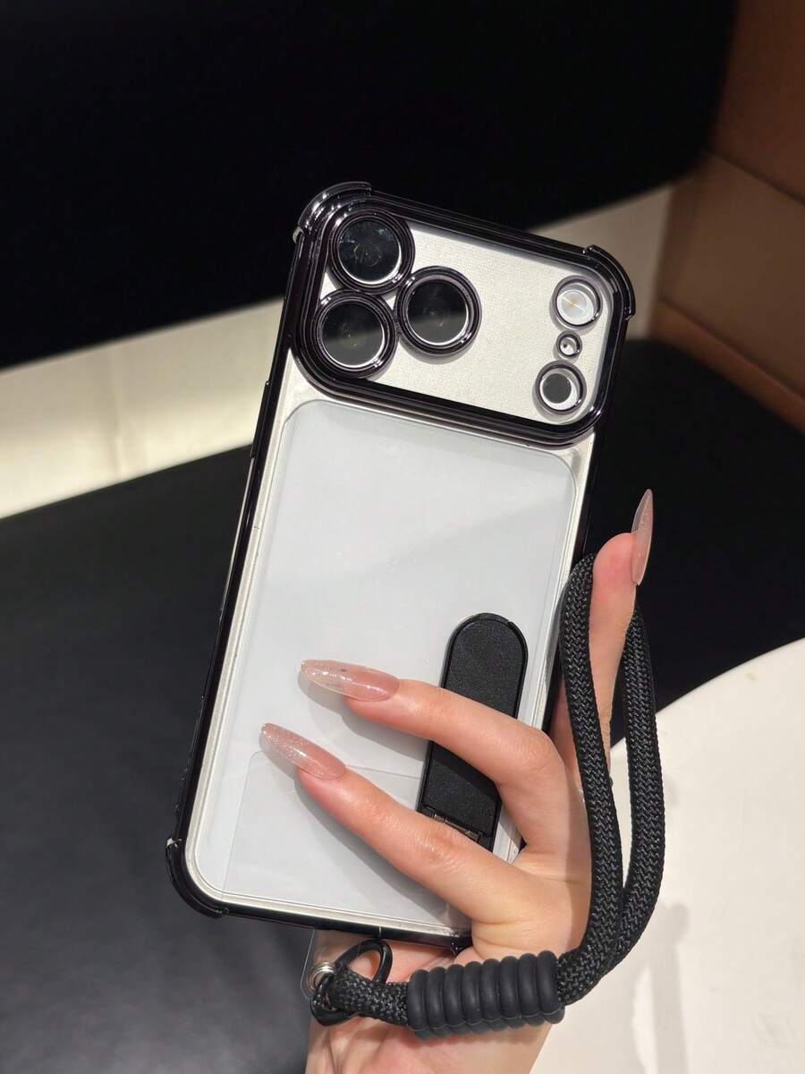 Minimalist Transparent Phone Case With Built-In Kickstand And Detachable Wrist Strap, Soft-Touch Anti-Drop Shell, Suitable For Daily Use, Perfect As A Holiday Gift For Family, Compatible With Apple 12 Pro Max 13 Pro Max 14 Pro Max 15 16 Pro Max 17 Pro Max 18 Pro Max S26u S25 S24 S23 S22 S21 A57 A37 A16 A17 - Black - View 1