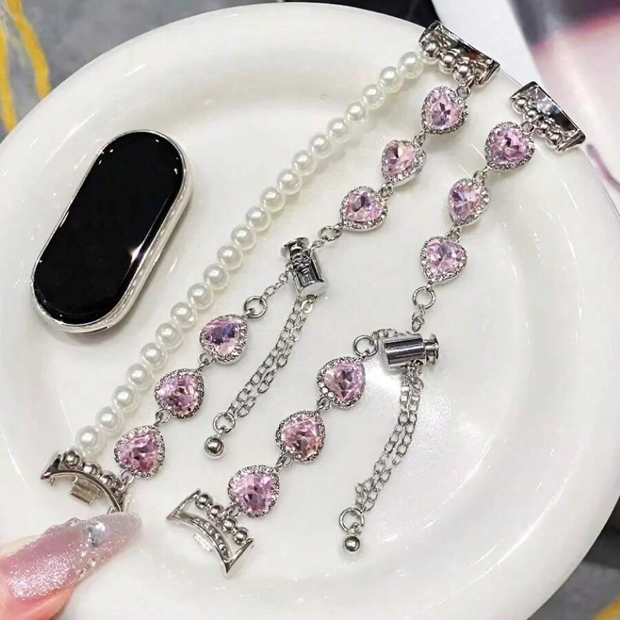 1pc Elegant Heart Pearl Bracelet Watch Strap Compatible With Xiaomi Smart Band 8 9 10, Women Replacement Wristband - Mi Band 8/9/10 - View 1