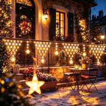 1pc 605cm/238.19in Snowflake Triangle Net LED Christmas Lights, Plastic Hanging Light String With Snowflake Pendant, USB Powered 8 Modes, Warm White/Colorful/White, Suitable For Fireplace, Stair Railing, Window, Porch, Christmas Home Decor - Snowflake - View 7