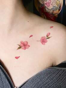1pc Temporary Tattoo Sticker, Pink Peach Blossom And Petal Pattern, Realistic Tattoo Design, Suitable For Daily Wear, Bachelorette Party Favors, Music Festivals, Games, Graduation Gifts, Lasts 3-5 Days - Multicolor - View 5