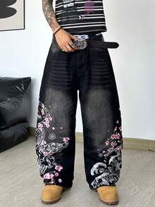 Justice Brother 1pc Korean Streetwear Style Personalized Design Dual-Color Embroidered Leg Black Denim Jeans Men's All-Season Versatile Loose Comfortable Wide Leg Pants (Belt/Accessories Not Included) - Black - View 5