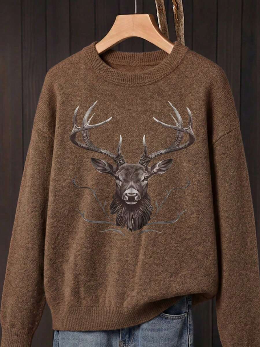 Women's Plus Size Pullover Sweater, Deer Pattern, Long Sleeve Crew Neck Pullover Sweater, Warm And Fashionable Choice For Autumn/Winter