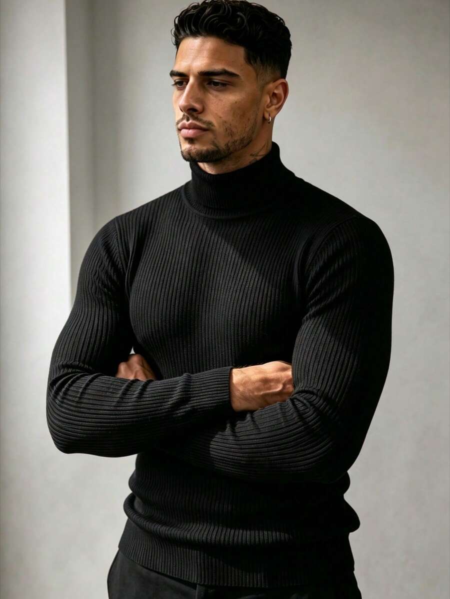 ZYNTH BALENO Men's Fashion Ribbed Turtleneck Long Sleeve Sweater, Suitable For Fitness, Running, Hiking Sports, Black - Black - View 1