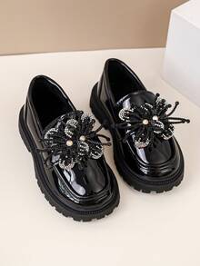 1 Pair Girls' Rhinestone Vintage Campus Thick Sole Slip-On Loafers, Suitable For All Seasons Kids School Shoes - Black - View 2