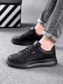 Men's All Black Thick Sole Skateboard Shoes, Pure Black Minimalist Style, Breathable Synthetic Leather Upper With Non-Slip Thick Sole, Suitable For Daily Wear And Street Style - Black - View 4