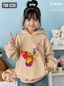 Autumn Winter Girls Fleece Hoodie Colorful Butterfly Print White Long Sleeve Y2K - Apricot - View 2