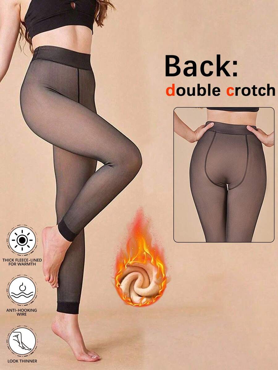 Legging Ketat Hitam Transparan Berlapisan Termal Musim Gugur/Dingin 200g, Legging Hangat Elastisitas Tinggi dengan Kompresi Bertingkat, Anti Selip dan Anti Tersangkut