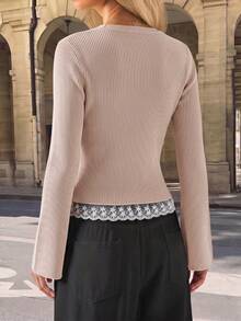 Women's Fashion Autumn Cardigan, Long Bell Sleeve Round Neck Ribbed Knit Top, Exquisite Contrast Lace Detail, Button Front Short Cardigan - Camel - View 5