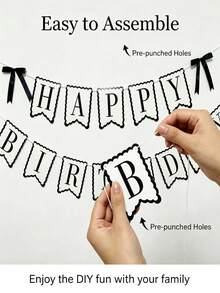 1 Set Banner Bunting Selamat Ulang Tahun Hitam Putih dengan Pita Satin Hitam, Garland Bendera Huruf Sederhana untuk Latar Belakang Foto Pesta Ulang Tahun - Hitam dan putih - View 4