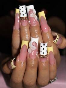 24pcs Mixed Wearable Nail Art Set, Yellow French Tip Polka Dot 3D White Flower Pearl Rhinestone Fake Nails, Reusable Full Coverage Nail Stickers, Includes Jelly Glue And Nail File, For Women - Yellow - View 6