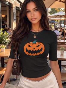 Kaos Rajut Lengan Pendek Leher Tinggi Motif Halloween untuk Wanita, Pakaian Wajib Musim Gugur - Hitam - View 2