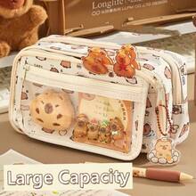 Capybara Large Capacity Transparent Flip Top Pencil Case, Multi-Layer Zipper Design Holds 80 Pens, Cute Multifunctional Storage Bag, Student Stationery Box Makeup Bag, Back To School Essential - A - View 1