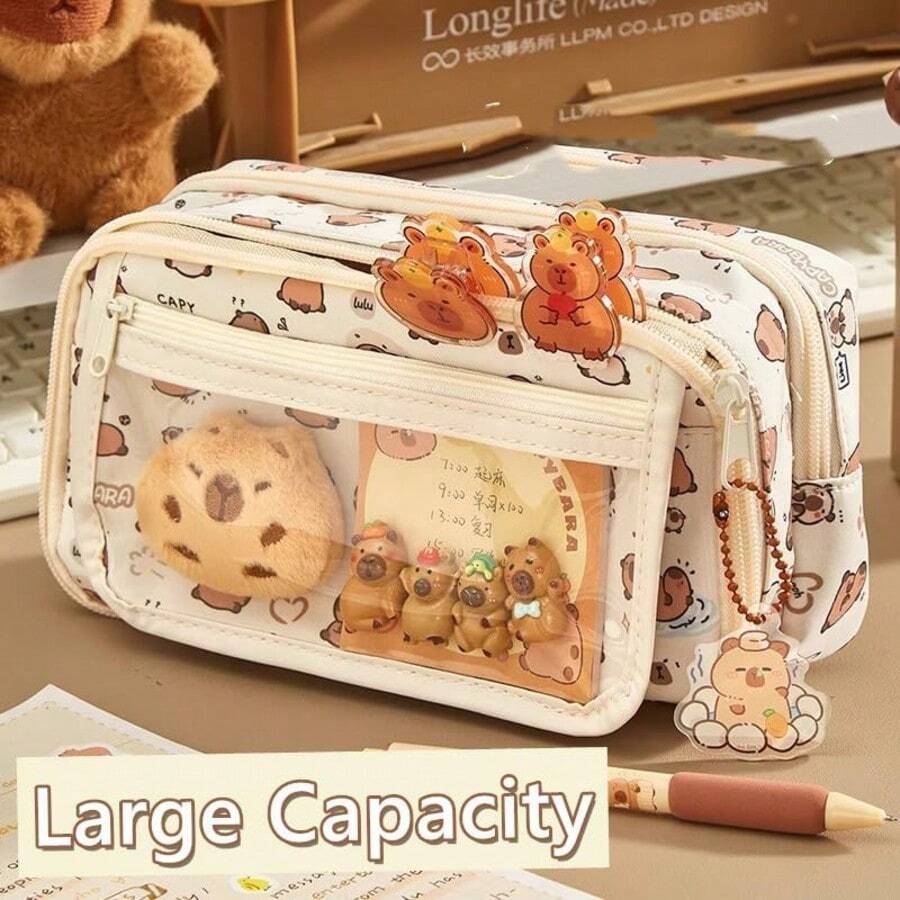 Capybara Large Capacity Transparent Flip Top Pencil Case, Multi-Layer Zipper Design Holds 80 Pens, Cute Multifunctional Storage Bag, Student Stationery Box Makeup Bag, Back To School Essential - A - View 1