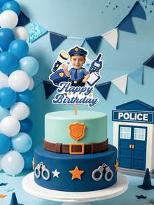 Personalized Face Photo Cake Topper, Custom Happy Birthday Cake Topper With Your Photo, Fun Birthday Cake & Cupcake Decorations, Police Car Theme Party Supplies, Custom Photo Cake Decor For Kids Boys Birthday Parties - Multicolor - View 3
