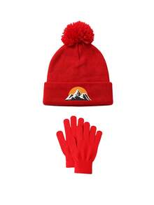 3pcs Unisex Printed Knit Beanie & Gloves Set, Soft Warm Pom Pom Beanie, Full Finger Gloves, Suitable For Winter Daily Outdoor Activities Gift - Multicolor - View 6
