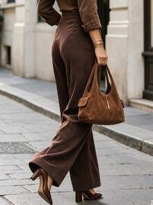 Fall Coffee High Waist Drawstring Wide Leg Pants For Women, Draped Loose Straight Casual Trousers, Vintage Elegant Office Long Pants With Pockets - Brown - View 3