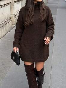 Unadoll Women's Brown High Neck Knitted Sweater, Elegant Basic Style, Suitable For Back To School Season And Daily Wear - Brown - View 6