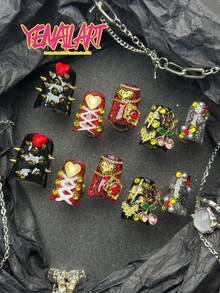 10片手工全包短款鴨嘴穿戴甲,黑色秋季假指甲,手繪線條、蕾絲花紋、3D花朵、櫻桃、愛心裝飾,龐克Y2K風格,附果凍膠與指甲锉,適合日常角色扮演、宴會、主題派對 - 黑色 - 查看 3