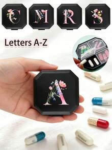 粉色花卉昆蟲字母 A-Z 圖案便攜分格藥盒，醫療急救包，6格膠囊收納盒，旅行藥盒，多格密封迷你藥丸收納盒，藥丸分發器，適合出差、宿舍、旅行、露營，精緻小禮物，亦可作為珠寶小物品收納盒，教師節、開學季、聖誕節、節日禮物 - 彩色 - 查看 1