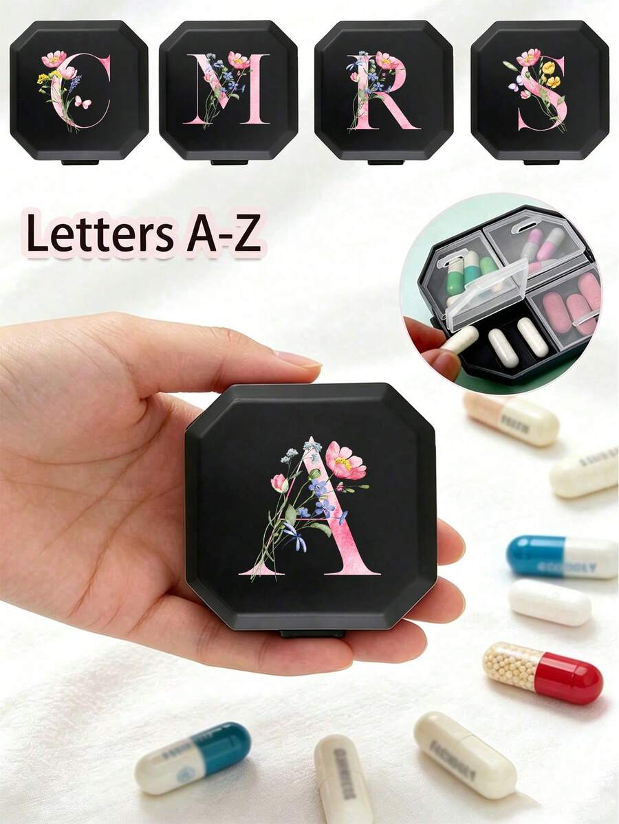 粉色花卉昆蟲字母 A-Z 圖案便攜分格藥盒,醫療急救包,6格膠囊收納盒,旅行藥盒,多格密封迷你藥丸收納盒,藥丸分發器,適合出差、宿舍、旅行、露營,精緻小禮物,亦可作為珠寶小物品收納盒,教師節、開學季、聖誕節、節日禮物 - 彩色 - 查看 1
