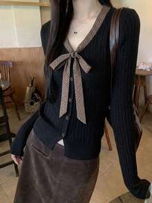 Women's Lazy Plaid Tie V-Neck Cable Knit Sweater, Faux Buttons, Autumn/Winter Knit Base Layer Top - Black - View 4