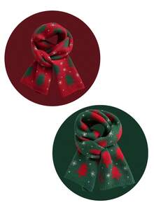 2/1pc Christmas Tree Knit Scarf Unisex, Snowflake Christmas Tree Pattern Warm Winter Neck Warmer, Soft Thick Knit Shawl, Red And Green 2 Colors, Holiday Couple Accessory, Outdoor Cold Weather Wear, Perfect Christmas Gift For Family And Friends - Multicolor - View 11
