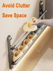 1pc Multi-Functional Foldable Storage Rack | Wall-Mounted, No-Drill, Multi-Layer Drainage Storage, Bathroom Shoe Cabinet And Slipper Storage Rack, Over-The-Door Bathroom Storage Rack, Multi-Purpose Organizer - Grey - View 7
