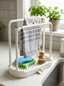 Space-Saving Sink Side Storage Rack, Double-Bar Napkin Drying Rack With Detachable Drip Tray, Multifunctional Countertop Organizer For Kitchen Sponges And Bathroom Toiletries, Home Storage Decor - Multicolor - View 5