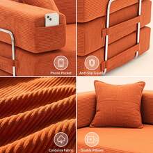 2-Seater Foldable Sofa Bed, 62'' Convertible Sleeper Sofa, Spring Folding Floor Couch With With Pillow Back Support Armrest, 4-In-1 Futon Sofa Bed For Living Room - Orange - View 5
