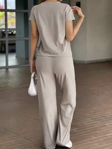 GLAMSKIN Women's 2-Piece Pure Cotton Solid Color Loungewear Set, Round Neck Short Sleeve Top & High Waist Drawstring Wide Leg Pants, Autumn Casual Sports Outfit - Camel - View 3