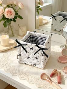 1pc Cute Bow Quilted Fabric Storage Basket Foldable Desktop Organizer Bin Two-Size Makeup Cosmetic Storage Box For Vanity Table Bedroom Home Decor - Multicolor - View 6