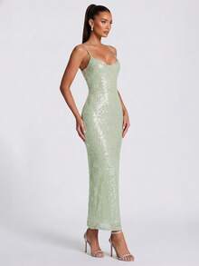 Women's Fitted Glamorous Shiny Party Backless Knotted Sequin Patchwork Spaghetti Strap Dress - Green - View 6