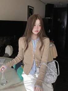 Cardigan Rajut Wol 2 in 1 Gaya Korea Model Slim Fit Berlapis untuk Wanita dengan Blok Warna - Havermut - View 4