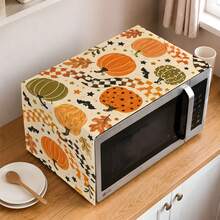 2DFLAT 1pc Polyester Retro Checkerboard Pumpkin Microwave Cover, Autumn Maple Leaf Bat Halloween Kitchen Dustproof Oil-Resistant Cover - Multicolor - View 4