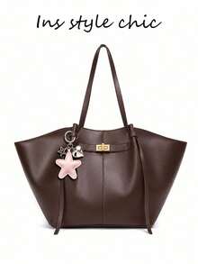 Gold Buckle Tote Bag With Star And Heart Pendant Decoration, Shoulder Handbag, Buckle Closure, Minimalist Luxury Style, Large Capacity Wing-Shaped Tote Bag, Suitable For Women's Commuting, Office And Daily Use - Coffee - View 8