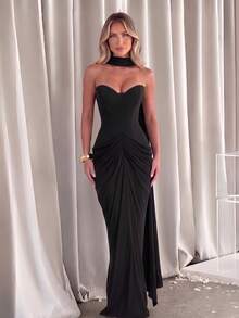 Women's Strapless Heart Neckline Ruched Cowl Neck Ribbon Long Party Dress - Black - View 2