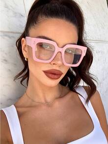 1 Pair Women's Square Pink Cute Style Non-Prescription Glasses, Suitable For Computer, Gaming, TV And Smartphone Use, Clear Lenses - Pink - View 3